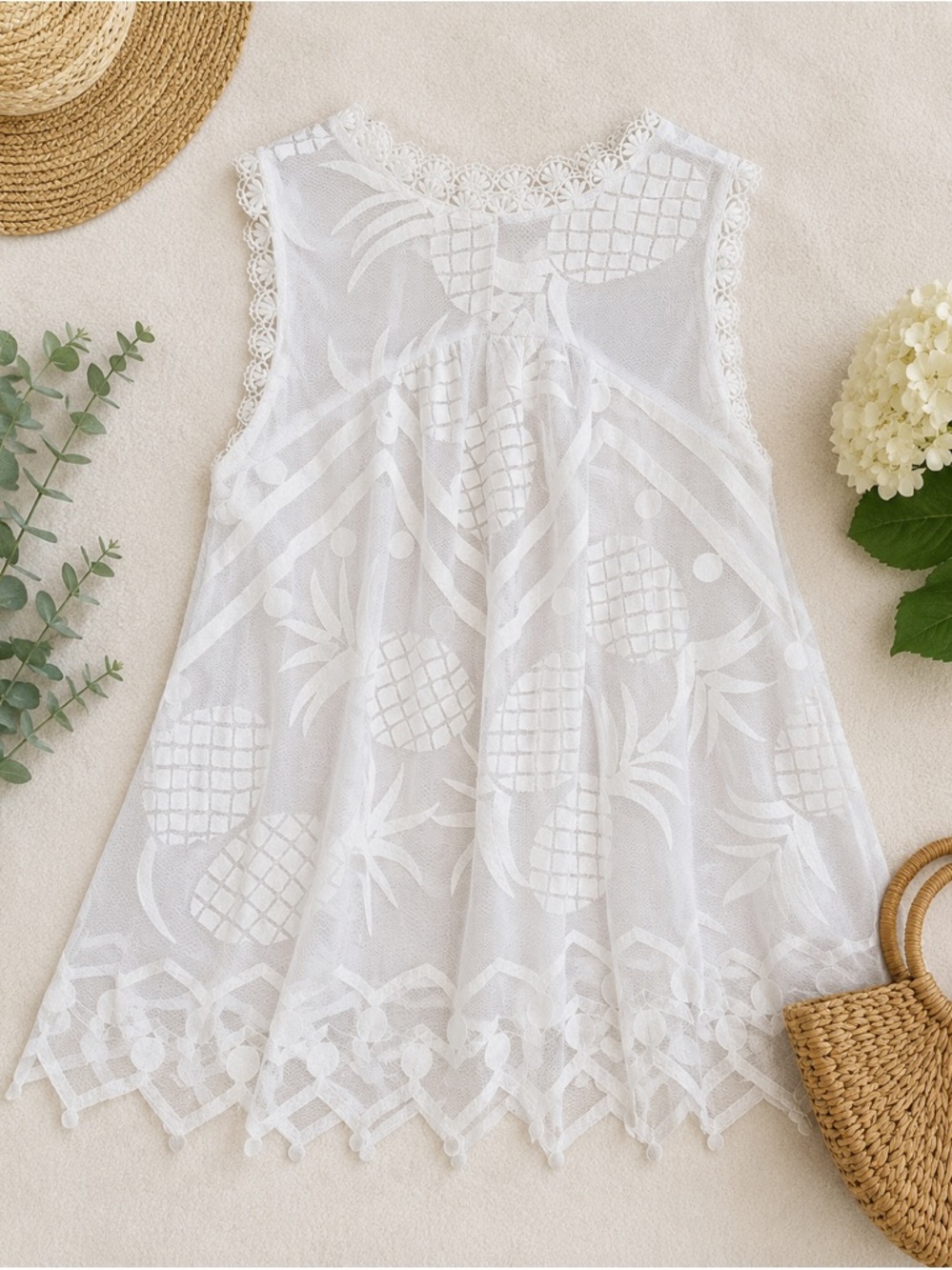 Anthropologie Maeve Pineapple Embroidered Lace Tank Top White Size 12